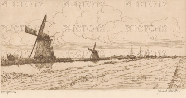 Landscape with meadow, canal and windmills, print, printmaker: Maurits van der Valk (signed by artist), 1867 - 1914, paper, etching, intaglio printmaking technique, etching with plate tone, proof print, height 97 mm x width 191 mm, meadow, pasture, canal, windmill in landscape, A sepia-toned landscape drawing showing a wide flat foreground with textured lines suggesting grass and low mounds, a water channel reflecting linear ripples across the middle ground, and a row of low structures along the far bank. Two traditional windmills stand along the bank, one large and detailed on the left with visible sails and a thatched body and a smaller one closer to the center with a tilted sail. Clustered boats and simple building outlines appear near the right bank, and tall masts rise among them. The sky is filled with large billowing cloud forms and horizontal streaks indicating layered clouds or wind, all rendered with fine linear etching.