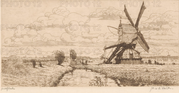 Pasture landscape with ditch and windmill, print, printmaker: Maurits van der Valk (signed by artist), 1867 - 1914, paper, etching, intaglio printmaking technique, etching with plate tone, proof print, height 98 mm x width 190 mm, meadow, pasture, windmill in landscape, small canal, ditch, A wide landscape sketch rendered in fine lines shows a flat marshy plain with a narrow waterway running from the foreground toward the middle ground, flanked by grassy banks and clusters of low vegetation. On the right side a traditional windmill stands on a raised base with a thatched lower section and a wooden cabin above, its angled sails stretching upward and crossing each other. A simple wooden staircase and support beams connect the mill to the ground, and small fences and posts dot the surrounding area. Low, rounded clouds fill much of the sky, layered with horizontal line shading, and distant low trees and field structures appear along the horizon. The overall palette is sepia-toned with deli...