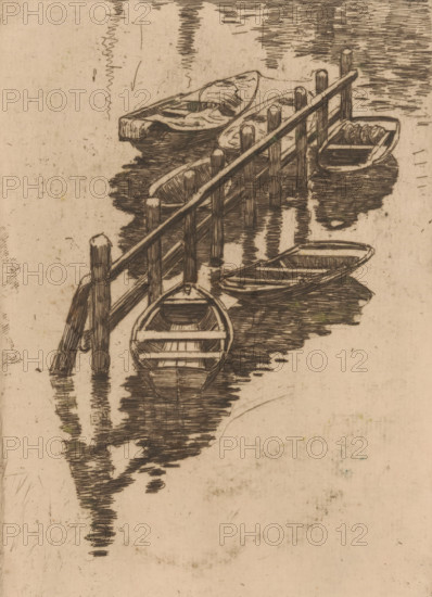 Moored rowing boats, print, printmaker: Maurits van der Valk (signed by artist), 1867 - 1914, paper, etching, drypoint, intaglio printmaking technique, height 197 mm x width 140 mm, rowing-boat, canoe, A monochrome sketch of several small rowboats tied alongside a wooden railing and posts, the boats shown from varying angles with visible seats and wooden planks, the railing running diagonally and casting dark reflected shapes in the water, dense crosshatching and short strokes creating rippling water and shadowed areas, a textured background with faint marks and smudges, and the overall scene rendered in fine, linear pen or etching lines on a light paper surface.
