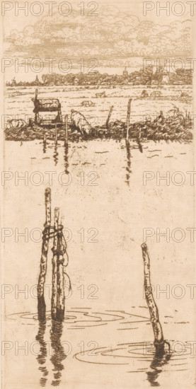 Flooded meadows near Warmond, print, printmaker: Maurits van der Valk (signed by artist), 1867 - 1914, paper, etching, intaglio printmaking technique, etching with plate tone, height 199 mm x width 100 mm, water meadows under water, Warmond, A vertical sepia-toned etching showing a calm water foreground with several wooden posts emerging and casting rippled reflections, one group of posts bound together with rope, and concentric ripples around them; across the middle ground a narrow muddy bank with grasses, a grazing sheep near a simple wooden structure, scattered posts, and faint reflections; in the distant background a flat landscape with low trees, small buildings, and windmills along the horizon beneath a sky filled with layered, rounded clouds.