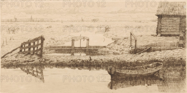 Haarlemmervaart (original title), Ditch with dam in a meadow, print, A rowboat in the ditch., printmaker: Maurits van der Valk (signed by artist), 1867 - 1914, paper, etching, drypoint, intaglio printmaking technique, height 107 mm x width 213 mm, meadow, pasture, rowing-boat, canoe, small canal, ditch, A sepia-toned line drawing of a rural waterside scene showing a wooden boat moored along a calm channel with its reflection in the water, grassy banks with a simple wooden fence and gate, a small raised rectangular sluice or lock structure spanning the channel, and a thatched wooden building at the right edge with visible weathered boards; the middle and distant ground show flat marshland with scattered grazing animals, low vegetation, and distant farm buildings and towers on the horizon beneath a sky filled with horizontal cloud bands.