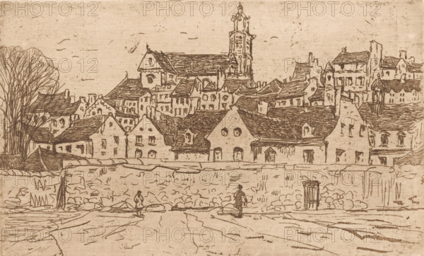 Pontoise (original title), View of Pontoise, with the Cathédrale Saint-Maclou in the center, print, printmaker: Maurits van der Valk (signed by artist), 1867 - 1914, paper, etching, drypoint, intaglio printmaking technique, height 120 mm x width 198 mm, prospect of village, silhouette of village, church (exterior), A panoramic sketch of a townscape rendered in sepia tones, showing a dense cluster of peaked and gabled roofs, chimneys, and multi-story buildings tightly packed along a horizontal ridge, with a taller ornate tower rising above the rooftops near the center and a large churchlike structure with a steep roof nearby; in the foreground a low stone wall runs across the scene with two small human figures standing on a path before it, and a simple wooden barrel or bin positioned near them; to the left a stand of leafless trees rises above the roofs, while the sky is sparsely marked with short, curved strokes suggesting faint movement.