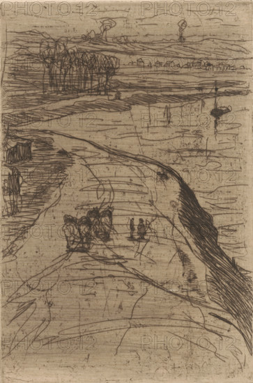 Country road along water, Near Antwerp (original title), print, annotation: 'Anvers', printmaker: Maurits van der Valk (signed by artist), 1867 - 1914, paper, etching, drypoint, intaglio printmaking technique, height 198 mm x width 131 mm, road, path, landscapes with waters, waterscapes, seascapes (in the temperate zone), Antwerp, A sepia-toned etching showing a wide, winding shoreline or riverbank with sketchy linear etchings suggesting water, sand, and grassy banks; near the center foreground there are loosely drawn groups of small human figures, some clustered together and a couple standing slightly apart; to the left a dense cluster of vertical lines forms a stand of trees, and further back a low horizon with faint outlines of buildings and irregular landforms; the right side features darker, densely hatched reeds or vegetation along the bank, and a small boat or raft with a vertical post is visible on the water; the sky is marked by light, horizontal scratches and a few abstract c...