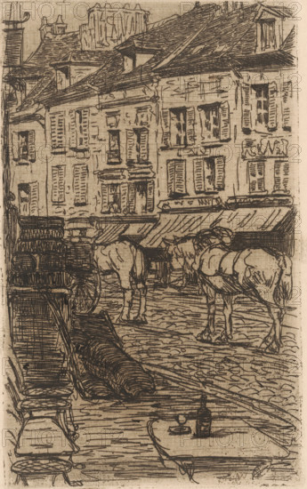 Street scene, in Saint-Ouen-l'Aumône, print, printmaker: Maurits van der Valk (signed by artist), 1867 - 1914, Maurits van der Valk, printmaker, paper, etching, drypoint, intaglio printmaking technique, height 199 mm x width 121 mm, urban housing, street, A sketched street scene shows a row of multi-story buildings with shuttered windows and sloping rooftops, rendered in dark ink on a light background. In the foreground, two horses stand on a cobbled surface near a cart loaded with stacked round objects and long bundled items lying on the ground. A table with a pitcher and a bottle sits near the bottom edge, and various awnings and architectural details of the storefronts are visible above the horses. The drawing features dense crosshatching and linear marks to indicate texture on roofs, walls, and the pavement.
