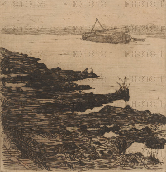 River with boat, print, printmaker: Maurits van der Valk (signed by artist), 1867 - 1914, paper, etching, drypoint, intaglio printmaking technique, height 179 mm x width 174 mm, freight vessel, river, A sepia-toned drawing shows a shoreline with dark, hatched rock formations in the foreground extending toward the water, sparse tufts of grass on some rock edges, a calm water surface with light horizontal strokes, and a small boat with a simple mast resting on the water near the horizon under a sky sketched with faint, curved cloud lines.