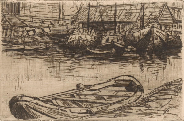 Moored boats in harbour, print, printmaker: Maurits van der Valk (signed by artist), 1867 - 1914, paper, etching, drypoint, intaglio printmaking technique, height 114 mm x width 175 mm, harbour, rowing-boat, canoe, sailing ship, sailing boat, A monochrome sketch of a waterfront scene showing several small rowboats in the foreground and midground, their curved hulls and interior planks rendered with loose, parallel hatch marks; water with horizontal and vertical lines indicating ripples sits between the boats and a dock area; beyond the water a cluster of structures with peaked roofs and board-like siding is drawn with rapid, slanted strokes, and more boats are moored alongside the dock with masts and rigging suggested by thin vertical lines; the overall image is made of dark, sketchy lines on a light, textured background.