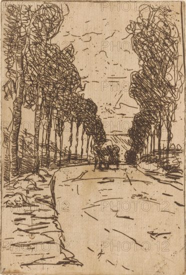 Country road, Hérouville (original title), Country road with wagon, print, number: '1', printmaker: Maurits van der Valk (signed by artist), 1867 - 1914, paper, etching, drypoint, intaglio printmaking technique, height 176 mm x width 119 mm, road, path, (farm) wagon, freight wagon, cart, Hérouville-Saint-Clair, A vertical sepia-toned line drawing depicting a road or path flanked by tall, densely scribbled trees on both sides, with the trees forming a canopy that narrows toward the center. The trunks are drawn with vertical lines and hatch marks, the foliage rendered as tangled, looping scribbles. A small, roughly sketched wagon or carriage driven by a figure is visible near the center where the path converges, silhouetted against a lighter background. The foreground shows a broad plain of the path with scattered short strokes and marks, and the left and right edges feature rocky or uneven ground indicated by angular lines and shading. Overall the image is composed of thin dark ink line...