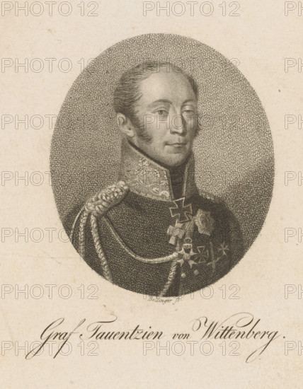 Portrait of Friedrich Bogislav Emanuel, Graf Tauentzien von Wittenberg, print, printmaker: Friedrich Wilhelm Bollinger, Berlin, after drawing by Heinrich Anton Dähling, 1814 - 1825, paper, stippelwerk, height 135 mm x width 99 mm, Person, Friedrich Bogislaw Emanuel Graf Tauentzien von Wittenberg, historical persons, knighthood order, (military) uniforms, An engraved oval portrait of a man shown from the chest up wearing a high-collared uniform with epaulettes and decorative braiding, his hair is combed back and he has sideburns, his expression is neutral and he looks slightly to his right, the background inside the oval is textured with stippling and the surrounding paper is a light aged tone.