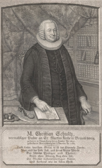 Portrait of Christian Schultze, print, printmaker: Johann Christian Gottfried Fritzsch, 1769, paper, engraving, height 340 mm x width 214 mm, Person, Christian Friedrich Schultze, historical persons, theologian, writing tools, book, watch, bookshelves, A monochrome engraved portrait shows a seated man wearing a dark robe with a vertically striped front panel and a large pleated ruff collar, his hair styled in curled rows framing his face; he rests one hand on the arm of an ornately carved chair and points with the other hand to an open book on a table that also holds an inkwell, quill, and a circular object; behind him is a patterned drapery and a bookcase filled with uniformly bound volumes.