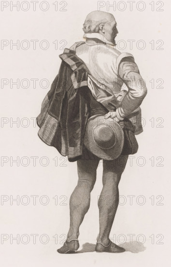 Man in historical clothing, print, printmaker: Joseph Edouard Van Looy (signed by artist), 1888, paper, chine collé, etching, height 295 mm x width 217 mm, A detailed monochrome illustration of a man shown from behind, standing with one hand resting on his hip and the other holding a round hat behind his back, wearing a collared shirt with sleeves rolled to the elbow, a draped cloak over one shoulder, knee-length breeches, and low shoes; the figure has short hair and a receding hairline, and the image is composed of fine linework and hatching on a plain light background.