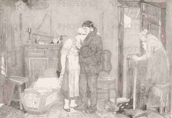 Fisherman interior with grieving couple near an empty cradle, print, annotation: '1er état', printmaker: François de Meersman (signed by artist), Belgium, 1882-04-11, paper, etching, height 410 mm x width 493 mm, cradle, crib, death of a child, A monochrome interior scene shows a man and a woman standing close together in the center, the man with short dark hair and a beard wearing a dark jacket and trousers and the woman wearing a light dress and a headscarf, the man holding the woman's shoulder and chest as their heads touch. To the right a doorway opens to reveal an older woman leaning on the doorframe with one hand on a small table and the other to her face, wearing a head covering and a long dress. The room contains a cradle with patterned panels and bedding in the foreground, a small round stool, a wooden chest with carved panels behind the couple, and various domestic items on a shelf including a model sailing ship and a candlestick. A chair with a curved back sits behind the ma...