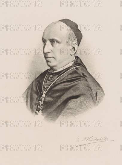 Portrait of Canon Alphonse de Leyn, print, printmaker: Willem Philip van der Veken (signed by artist), 1873 - 1914, paper, chine collé, etching, height 300 mm x width 222 mm, Person, Alphonse de Leyn, historical persons, adult man, A detailed black and white portrait of a man shown from the shoulders upward in three-quarter profile facing left, wearing a skullcap and a dark robe with visible folds and stitched edges, a decorative chain around his neck with a pendant, short hair at the temples, a prominent nose, and a calm facial expression, set against a plain light background.