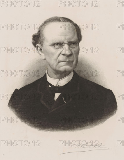 Portrait of an unknown man, print, printmaker: Willem Philip van der Veken (signed by artist), 1873 - 1914, paper, chine collé, etching, engraving, height 300 mm x width 222 mm, historical persons, adult man, eyeglasses, spectacles, A monochrome portrait of an older man shown from the chest up against a plain background, with a high forehead and neatly combed hair parted in the middle that curves back above the ears, small round spectacles perched on the bridge of his nose, a serious expression with slightly downturned mouth and prominent cheek and jaw lines, a high-collared shirt and dark jacket visible at the shoulders and chest, and a subtle halo-like shaded area behind his head.