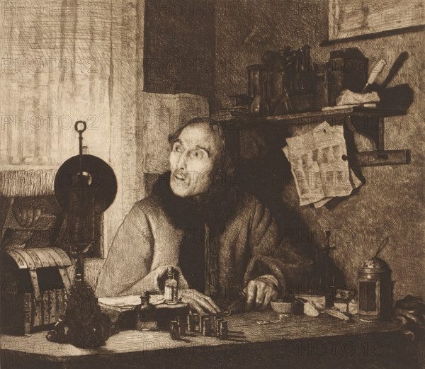 Man weighing valuables by lamplight, print, On the left, a hand of someone climbing to the window via a ladder is visible., printmaker: Piet Verhaert, Antwerp, after painting by Walter Sanford, 1886, paper, chine collé, etching, roulette, retroussage, intaglio printmaking technique, height 299 mm x width 330 mm, adult man, interior of the house, scales, minerals and metals: gold, lighting, lamps, A seated man with a beard and long hair looks upward with a surprised expression, his hands resting on a cluttered table that holds bottles, small containers, and tools; behind him a shelf holds jars, a cloth, and instruments, and a sheet of paper is pinned to the wall; to the left a round device with a vertical rod stands near a curtained window, and various mechanical objects and boxes occupy the workspace around him.