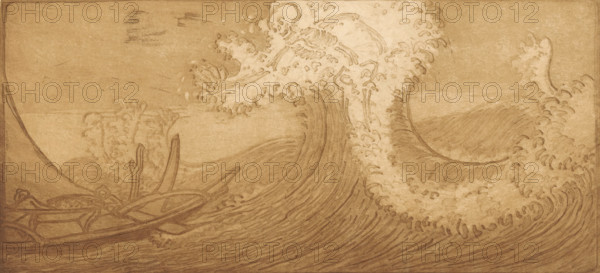 Fishermen at sea and Death, The Traveler and Death (original title), Le Pêcheur et la Mort, print, Two figures on a fishing boat on a wildly rolling sea. In the middle a wave containing Death, in the form of a skeleton., printmaker: Wijnand Otto Jan Nieuwenkamp (signed by artist), 1910-02, paper, zinc etching, intaglio printmaking technique, etching with plate tone in brown on zinc, proof print, height 160 mm x width 237 mm, fisherman, wave, Death as skeleton, Dutch East Indies, The, A sepia-toned drawing of a large crashing wave with curling foam and textured water lines fills the scene, with a smaller wave and foam patterns in the background; a small boat with visible oars and a mast is partially engulfed by the swell at the lower left, and the image has an aged paper texture with darker border shading.