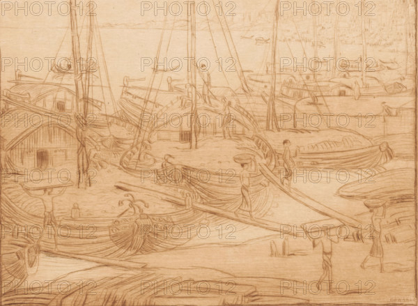 Unloading ships (original title), Moored ships on the bank of the Ganges in Benares, print, Several figures unload the ships using gangplanks., printmaker: Wijnand Otto Jan Nieuwenkamp, 1914-05, paper, etching, intaglio printmaking technique, etching with plate tone in brown on celluloid, proof print, height 150 mm x width 200 mm, carrying something on the head or on the shoulders, ships (in general), Ganges (river), A sepia-toned pencil drawing of a crowded harbor scene featuring many small wooden boats with curved hulls and tall masts, some with canvas covers and small cabin-like structures, interlaced rigging lines, and long oars; several human figures are visible carrying rectangular loads on their heads, standing or walking on the boats and docks, and some figures are seated or leaning on boat edges; the shoreline shows clustered boats pulled up on sand and water surfaces with gentle ripples, and faint distant buildings and shoreline across the water; detailed line work emphasizes...