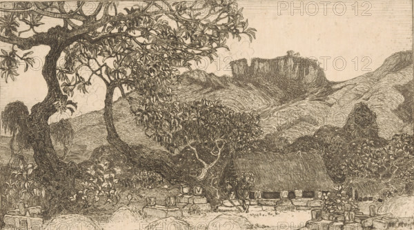 Cemetery south of Yogyakarta on Java, Native cemetery (original title), print, A cemetery with burial mounds and wooden and stone graves. Mountains in the background., printmaker: Wijnand Otto Jan Nieuwenkamp (signed by artist), 1899, 1913, paper, zinc etching, intaglio printmaking technique, etching with plate tone on zinc, height 144 mm x width 240 mm, cemetery, park-like burying ground, mountains (in tropical and sub-tropical regions), Java, Central Java, Yogyakarta, A detailed ink drawing of a landscape featuring a large, gnarled tree in the foreground with twisting branches and dense clusters of elongated leaves, under which smaller shrubs and flowering plants grow. A thatched-roof structure sits partially obscured by vegetation and low stone walls with rounded stones and carved blocks visible near the base. Rolling hills with textured striations rise behind the middle ground, leading to a flat-topped rocky plateau on the horizon with vertical cliff faces. Clouds are suggested abo...
