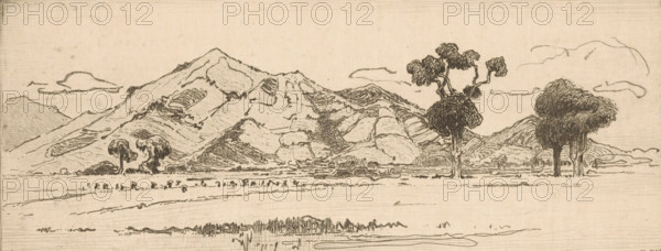 Highlands of Bandung on Java, In the plain of Bandung (original title), print, Mountains in the background., printmaker: Wijnand Otto Jan Nieuwenkamp (signed by artist), 1899, 1913, paper, zinc etching, intaglio printmaking technique, etching with plate tone on zinc, height 103 mm x width 242 mm, mountains (in tropical and sub-tropical regions), steppes, open fields, Java, West-Java, Bandung, A sepia-toned ink landscape shows a range of layered, rounded mountains across the middle ground, with textured lines indicating slopes and ridges. In front of the mountains is a flat plain extending to the foreground, interrupted by clusters of low vegetation and slender lines suggesting grasses or water reflections. Several stylized trees with dense, rounded canopies and visible trunks stand along the plain, two grouped toward the right and a pair closer to the left. Sparse, elongated cloud shapes float in the sky above the mountains. The drawing is composed of fine, flowing pen strokes and cros...
