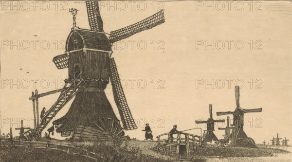 Watermills near Gouda (original title), Windmills on the Vlist between Haastrecht and Schoonhoven, print, In the middle a bridge with a woman in clogs and a man with a fishing rod on it. They are looking at each other., printmaker: Wijnand Otto Jan Nieuwenkamp (signed by artist), 1903-04-28, 1903-05, paper, etching, intaglio printmaking technique, etching with plate tone on copper, proof print, height 173 mm x width 214 mm, windmill in landscape, river, Krimpenerwaard, Vlist, A sepia-toned ink drawing showing a large, detailed windmill at left with long lattice blades, a thatched base, and an external staircase with a small figure climbing it, surrounded by grass and wooden fencing; a smaller bridge and waterway lead toward the center where a person walks and another stands on the bridge holding a pole; additional smaller windmills with lattice blades and wooden structures appear at right, and small birds are visible in the sky above the scene.