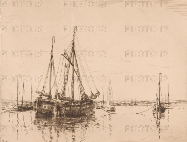 Harbour, Norderney (original title), Harbour with moored two-masted ship, print, printmaker: Willem Bastiaan Tholen (signed by artist), 1870 - 1914, paper, etching, intaglio printmaking technique, height 198 mm x width 241 mm, sailing-ship, sailing-boat, Lower Saxony, Aurich, A sepia-toned line drawing shows several sailboats clustered on calm water, with tall masts, rigging, and furled sails depicted in fine ink strokes; reflections of the boats ripple on the water surface, and the horizon line and distant shore are sketched faintly in the background.