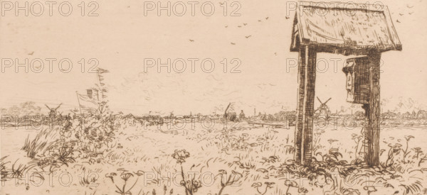 Letterbox, Kaag (original title), Meadows at the Kaag, with letterbox, print, printmaker: Willem Bastiaan Tholen (signed by artist), 1870 - 1914, paper, etching, intaglio printmaking technique, height 136 mm x width 275 mm, meadow, pasture, postal service, A sepia-toned ink drawing of a flat riverside landscape with a wooden shelter on tall posts in the right foreground, the shelter having a slanted roof and an item of cloth or garment hanging from an inner beam, while grasses, low plants, and wildflowers cover the ground around the posts and extend into the middle distance; across the scene a calm river or waterway runs near the horizon with boats and small structures along its far bank, including sailed and mast-bearing vessels and windmills, and birds sketched in the sky above, all rendered with fine, linear pen strokes and delicate crosshatching.