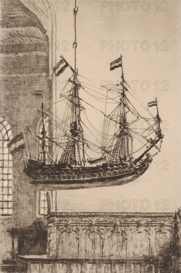 Ship model in the Great Church, in Blokzijl, Ship in the Church (original title), print, printmaker: Willem Bastiaan Tholen (signed by artist), 1870 - 1914, paper, etching, intaglio printmaking technique, height 231 mm x width 153 mm, interior of church, ship-model, Blokzijl, A detailed pen-and-ink drawing of a sailing ship suspended above an ornate stone balcony inside a large architectural space, showing the ship in profile with multiple masts, rigging lines, spars, sails furled and small flags atop the masts; the hull is richly worked with carved decoration and gunports, and a sculpted figurehead is visible at the bow. The surrounding interior includes tall arched windows with mullions, heavy masonry walls with carved panels and cornices, and a ledge beneath the ship. Crosshatched shading and fine linework render textures on wood, stone, and fabric throughout the composition.