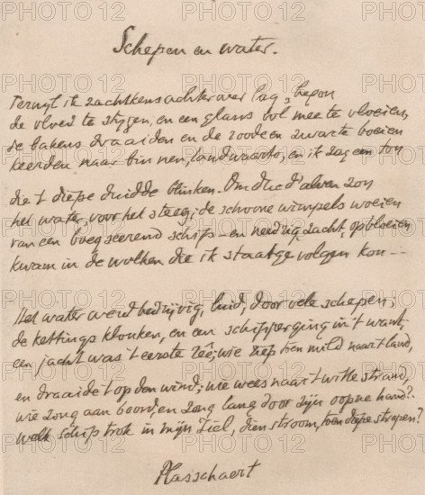 Ships and water (original title on object), print, poem, poem: 'While I lay gently back, the tide began to rise, and a full gleam flowed along with it, ', printmaker: Willem Bastiaan Tholen (signed by artist), poet: Albert Charles Auguste Plasschaert, 1870 - 1914, paper, etching, intaglio printmaking technique, height 244 mm x width 198 mm, The poem 'Ships and water' by Albert Charles Auguste Plasschaert., author, poet writing, handwriting, written text, A sheet of aged paper with flowing cursive handwriting in dark ink across most of the surface, showing lines of script that vary in slant and pressure, with a larger cursive heading near the top and another word centered near the bottom, the ink appearing slightly faded and the paper having a warm beige tone and a subtle textured grain.