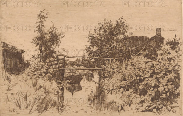 Bridge over a canal in a landscape with trees, houses, and shrubbery, Giethoorn (original title), print, printmaker: Willem Bastiaan Tholen (signed by artist), 1870 - 1914, paper, etching, drypoint, intaglio printmaking technique, height 143 mm x width 215 mm, rural housing, eg country-house, villa, cottage, bridge, small canal, ditch, A monochrome etching of a rural scene showing a narrow waterway with an arched wooden footbridge spanning it, reflected in the water below. On one side of the waterway there is dense foliage and bushes with detailed leaves, and on the opposite bank a cluster of trees with textured branches. A small boat is moored beneath the bridge. To the left a simple wooden structure with a slanted roof sits near the edge of the scene. Vegetation and grasses frame the foreground along the banks, and a roof with a chimney is visible behind the trees on the right. The sky is left mostly empty, with faint horizontal etching marks across the background.