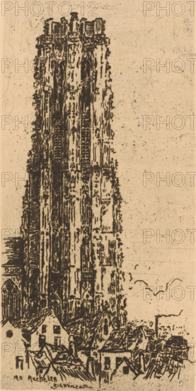 View of St. Rumbold's Cathedral, St. Rumbold's Mechelen, print, printmaker: Rik Wouters (signed by artist), 1911, paper, etching, intaglio printmaking technique, height 316 mm x width 164 mm, city-view in general, 'veduta', parts of church exterior and annexes: tower, Mechelen, St. Rumbold's Cathedral, A tall, intricately detailed stone tower occupies the left side of the image, its façade marked by vertical lines, carved decorative elements, and recessed panels; small rooftop structures and sculptural details are visible near its top. At the base of the tower there are several clustered buildings with pitched roofs, chimneys, and visible roof tiles, rendered in the same linear, etched style. The background is a pale, textured surface with scattered small dots and faint scratches, and simple curved marks suggest a few birds in flight near the right side of the composition.