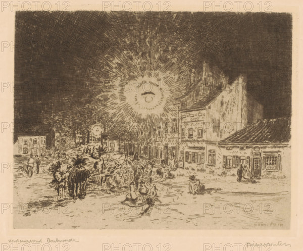 Shrove Tuesday in Bosvoorde, Shrove Tuesday Boschvoorde, print, printmaker: Rik Wouters (signed by artist), 1911, paper, etching, drypoint, retroussage, intaglio printmaking technique, retroussage and plate tone, proof print, height 199 mm x width 250 mm, Shrove Tuesday, 'Mardi gras', non-liturgical celebrations of carnival, Watermaal-Bosvoorde, Bosvoorde, A sepia-toned etching showing a street scene with buildings lining both sides and a large radiating circular light in the sky, textured crosshatching filling the dark sky, groups of small human figures walking and standing in the street, a cluster of animals and people toward the foreground, architectural details on the facades such as windows and awnings, a tiled roof visible on the right, and hand-drawn lines and shading throughout giving the image a sketchlike appearance.