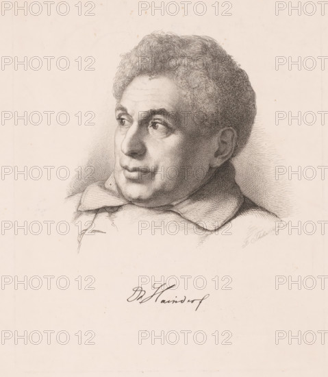 Portrait of Alexander Haindorf, print, printmaker: Franz Thelen, 1847, paper, etching, height 248 mm x width 189 mm, Person, Alexander Haindorf, historical persons, A detailed pencil or ink portrait of an older person shown from the shoulders up, facing left with a three-quarter view of the face; the person has curly hair rendered with fine lines, pronounced eyebrows, deep-set eyes looking slightly upward, a rounded nose, full lips, and visible facial shading created by crosshatching; the subject wears a garment with a wide collar and layered fabric folds, and the background is plain with faint paper texture and small spots.
