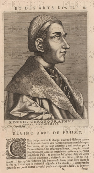 Regino, Chronographus Abbas, Prumiensis, Portrait of Regino von Prüm, print, book illustration, printmaker: Nicolas de Larmessin (I), publisher: François Foppens, Brussels, 1682, paper, engraving, stipple work, letterpress printing, engraving and stipple work, text in letterpress, height 188 mm x width 137 mm, height 336 mm x width 196 mm, Print used for: Bullart, Isaac. Académie des Sciences et Arts contenant les vie et éloges his. the people's illustrations show their excellence and their professions in their environment throughout their lives. Brussels: François Foppens, 1682. The book was also published in Amsterdam in 1682 by the heirs of Daniel Elzevier. Each portrait is an illustration accompanying the biography of an artist or scholar. Most of the portraits were produced by Nicolas de Larmessin (162), 93 by De Boulonois and a third by unidentified printmakers. This concerns an illustration on p. 121, part I., Person, Regino von Prüm, historical persons, abbot, A monochrome engr...