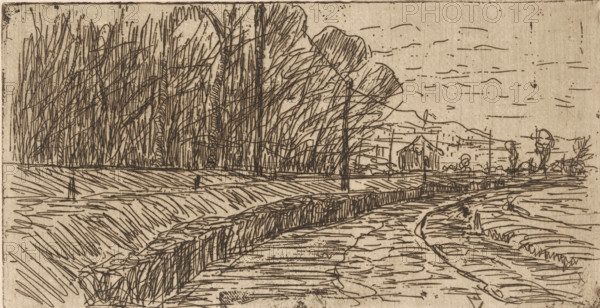 Landscape with road, forest edge and power poles, print, printmaker: Maurits van der Valk (signed by artist), 1867 - 1918, paper, etching, drypoint, intaglio printmaking technique, height 103 mm x width 199 mm, road, path, pylons, power lines, A sepia-toned pen drawing of a landscape showing a winding paved path in the foreground bordered by a low stone wall and grassy banks, a long horizontal field beyond with tall slender trees closely clustered on the left and more sparsely placed trees on the right, thin vertical posts or poles along the field edge, a small house or barn partially visible in the middle distance near the right side, and a sky with scattered short horizontal strokes.
