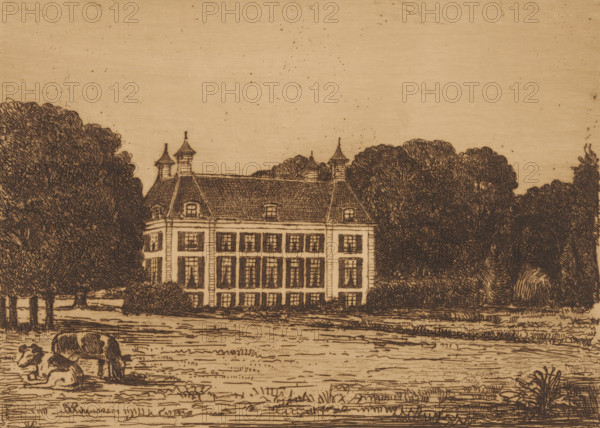 View from a meadow on Waterland Estate, print, printmaker: Jonkheer Barthold Willem Floris van Riemsdijk, 1914, paper, etching, drypoint, intaglio printmaking technique, etching and drypoint with plate tone, height 141 mm x width 191 mm, rural housing, eg country-house, villa, cottage, cow, Waterland, A detailed monochrome line drawing shows a large multi-story building with a steep tiled roof and small pointed turrets, set behind a manicured lawn; rows of tall windows with shutters cover the building facade, and trees with dense foliage flank both sides, creating a backdrop; in the foreground, grazing animals rest and stand on the grassy field, and clusters of low bushes and plants dot the landscape beneath a sky with faint speckled markings.