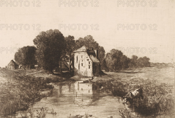 View of the ruins of Nijenbeek Castle, print, View of Nijenbeek Castle, on the bank of the Voorsterbeek (an old bed of the IJssel). A cow is drinking from the stream. The castle is also known as the Hooge Huis., printmaker: Jonkheer Barthold Willem Floris van Riemsdijk, Netherlands, 1893, paper, zinc etching, intaglio printmaking technique, drypoint, pasting, plate tone and drypoint, pasted on paper, height 138 mm x width 198 mm, landscape with ruins, cow, ruin of a dwelling, house, castle, Voorst, Nijenbeek Castle, A sepia-toned etching shows a small riverside scene with dense trees behind a tall, narrow building that stands near the water's edge, its reflection visible in the river. A herd animal grazes on the near bank at the lower right, partially bent toward the water. Vegetation lines both banks and the river surface has subtle ripple marks and reflected shapes. On the left, smaller structures and a winding path appear among more trees, and the sky above is mostly empty with fine...