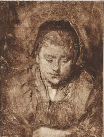 Portrait of an unknown young woman with a bonnet, looking downwards, print, printmaker: Frans Deutmann (signed by artist), 1877 - 1915, paper, monotype, printed in brown, height 324 mm x width 245 mm, anonymous historical person portrayed alone - BB - woman, A sepia-toned portrait of a woman shown from the shoulders up, looking downward with a calm expression, her hair framed by a dark head covering and loose strands, rendered with textured brushstrokes and soft shading that blend her features into a mottled, painterly background.