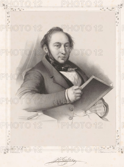 Portrait of Johan Ludvig Heiberg, print, inscription: 'JLHeiberg', inscription: 'D. Monies pinx.', inscription: 'Em. Baerentzen & Co lith.Inst.', printmaker: Emilius Ditlev Baerentzen, printer (person): Baerentzen & Co., Em., Copenhagen (city), after painting by David Monies, in or after 1837 - in or before 1868, printer (person), paper, chine collé, lithography, lithography on chine collé, height 357 mm x width 274 mm, height 226 mm x width 178 mm, Person, Johan Ludvig Heiberg, historical persons, A seated man with short hair and sideburns faces forward while holding an open book, wearing a dark coat over a shirt and cravat, his left arm resting on a surface beside a closed writing implement, rendered in a detailed pencil or charcoal portrait framed by a decorative border on aged paper.