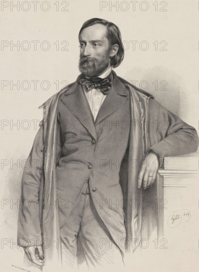 Portrait of Theodor Friedrich von Hornbostel, print, printmaker: Franz Eybl, printer (person): Alois Leykum, Vienna, 1849, printer (person), Lower Austria, paper, chine collé, lithography, height 580 mm x width 432 mm, Person, Theodor Friedrich von Hornbostel, historical persons, adult man, beard, A monochrome portrait of a man shown from head to mid-thigh, wearing a three-piece suit with a bow tie and an overcoat draped over his shoulders; he has medium-length hair combed back, a full beard and mustache, and a contemplative gaze directed to his left; his right arm rests on a ledge or column with his hand visible and a ring on one finger, while his left arm hangs by his side with the hand partially visible; the background is plain with subtle shading, and there is an artist's signature near the ledge.