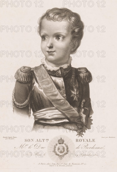 Portrait of Henri d'Artois, print, : 'Déposée à la Direction générale', printmaker: Léon Mauduison, France, after drawing by Tassaert, publisher: Jean, Paris, 1848 - 1886, Léon Mauduison, Tassaert, Jean, printmaker, after drawing by, publisher, paper, stipplework, engraving, height 298 mm x width 210 mm, Person, Henri d' Artois (duc de Bordeaux, comte de Chambord), historical persons, armorial bearing, heraldry, A detailed monochrome engraving of a young person shown from the waist up wearing a military-style uniform with braided epaulettes and a sash crossing the chest, with ornate medals pinned to the coat and a decorative sword hilt at the waist, short wavy hair, a soft rounded face with wide eyes looking slightly to the side, and a lace collar at the throat; below the figure there is a circular emblem with a crown and laurel wreath and additional decorative elements and script partially visible at the bottom edge.