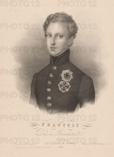 François duc de Reichstadt, Portrait of Napoleon Frans Karel Jozef Bonaparte, print, : 'Deposé à la Bibliothèque I&R.', : 'Propriete des Editeurs', printmaker: Jacques Sturm, after painting by Johann Nepomuk Ender, printer (person): Jean Baptiste Ambroise Marcellin Jobard, Brussels, publisher: Artaria & Co., Vienna, 1830, printer (person), Lower Austria, paper, lithography, height 262 mm x width 185 mm, Person, Napoleon II (King of Rome, Emperor of the French), historical persons, youth, adolescent, A monochrome portrait of a young man shown from the chest up, wearing a high-collared dark uniform with a row of visible round buttons down the front and two ornate star-shaped medals pinned on the left side of his chest, his face framed by short curly hair, with a calm expression and eyes looking slightly toward the viewer, set against a softly shaded background with faint speckling on the paper.