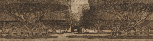 In the Sultan's Palace (original title), Waringin trees in the garden of the Sultan's Palace in Yogyakarta, print, Waringin trees, also known as weeping figs, in the garden of Kraton Ngayogyakarta Hadiningrat, the Sultan's Palace in Yogyakarta on Java. On verso a fragment of the etching 'View of Veere' by Nieuwenkamp., printmaker: Wijnand Otto Jan Nieuwenkamp (signed by artist), in or after 1898, Wijnand Otto Jan Nieuwenkamp, printmaker, paper, zinc etching, intaglio printmaking technique, etching with plate tone on zinc, height 114 mm x width 316 mm, 'View of Veere' has catalogue number E 55 in Hubert, 1912., trees, palace, Java, Central Java, Yogyakarta, Kraton Ngayogyakarta Hadiningrat, A sepia-toned landscape drawing shows a row of stylized trees with broad, flat canopies and textured trunks framing a central pathway. Ornate low stone railings with carved decorative panels run along the foreground on both sides, interrupted by gaps and a recessed archway in the center background. T...