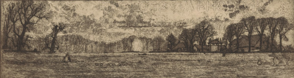 Farm near Santpoort (original title), print, In the foreground several figures in a meadow. In the background trees with bare branches. In this second state of the print, the upper part of the plate has been cut off., printmaker: Wijnand Otto Jan Nieuwenkamp (signed by artist), 1899, 1911-07-19, paper, zinc etching, intaglio printmaking technique, etching with plate tone on zinc, height 92 mm x width 289 mm, farm or solitary house in landscape, A wide monochrome etching shows a riverside landscape with a textured sky filled with swirling clouds above a distant tree line and clusters of taller trees framing the scene; a small group of buildings and farm structures sit near the right bank among bare-branched trees, including a round tower-like structure and pitched roofs; the foreground presents rippled water with subtle reflections and scattered waterfowl near the center, while figures are visible at the water's edge: a person standing in shallow water toward the left, another figure ne...