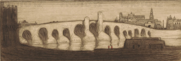 Bridge at Cordova (original title), Roman bridge over the Guadalquivir in Córdoba, print, In the background the city of Córdoba. In this second state of the print, two figures have been added to the foreground., printmaker: Wijnand Otto Jan Nieuwenkamp (signed by artist), 1901, paper, paint (coating), zinc etching, intaglio printmaking technique, etching with plate tone on zinc, proof print, with additions in red paint, height 85 mm x width 243 mm, bridge in city across river, canal, Andalusia, Córdoba, Guadalquivir, Puente Romano, A wide horizontal sketch shows a long stone bridge with multiple rounded arches spanning a body of water, the arches reflected in the water below. The bridge has a few taller vertical piers rising above its parapet and textured shading along its surfaces. On the far left a tall, dark, blocky structure rises from the riverbank, and on the far right a series of buildings with vertical towers and spires sit behind the bridge. In the foreground a dark, ridged ri...