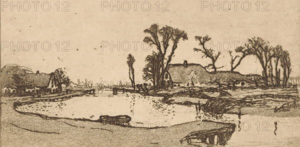 Zuid-Hollandsch vaartje (original title), Farms along the Rijpwetering in South Holland, print, In the foreground a landing stage., printmaker: Wijnand Otto Jan Nieuwenkamp (signed by artist), 1901, paper, zinc etching, intaglio printmaking technique, etching with plate tone on zinc, proof print, height 124 mm x width 226 mm, farm (building), canals, waters (in village), Rijpwetering, A sepia-toned etching shows a waterside scene with a calm body of water in the foreground bordered by gently curving banks. Several small rowboats rest at the water’s edge and one is partially pulled onto the shore. Low thatched-roof buildings sit along the far bank, one large structure with a peaked roof near a cluster of tall, leafless trees. Thin, bare trees of varying heights rise along the banks and a simple wooden bridge spans a narrow channel. The landscape includes textured fields and low fences, and the sky is empty except for subtle aging marks and tonal variations in the paper.