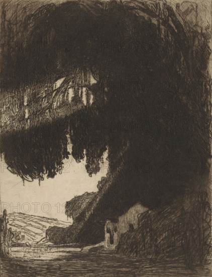 Chinese chapel in the vicinity of Semarang on Java, Place of worship (original title), print, Next to the chapel grows a tree covered with climbing plants., printmaker: Wijnand Otto Jan Nieuwenkamp (signed by artist), 1901, 1911-12, paper, zinc etching, intaglio printmaking technique, etching with plate tone on zinc, height 205 mm x width 153 mm, temple, shrine, Hinduism, Buddhism, Jainism, trees, Java, Central Java, Semarang, A dense, dark mass of tangled lines dominates the upper and right portions of the image, forming thick, overhanging shapes with dripping, fringe-like edges; beneath and to the left of this mass, lighter negative space reveals a textured foreground with layered, horizontal strokes suggesting a shoreline and uneven terrain, and a small structure with an arched opening partially obscured by shadow; the lower area contains closely spaced horizontal lines indicating water, and the far left shows a lighter, more open landscape with undulating forms and sparse vertical ...