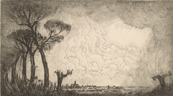 View of Haarlem (original title), print, In the foreground trees. In the background the silhouette of the Grote or Sint-Bavokerk in Haarlem., printmaker: Wijnand Otto Jan Nieuwenkamp (signed by artist), 1902, paper, etching, intaglio printmaking technique, etching with plate tone on copper, proof print, height 130 mm x width 205 mm, prospect of city, town panorama, silhouette of city, trees, Haarlem, Sint-Bavokerk (Haarlem), A monochrome pen-and-ink landscape shows tall, slender trees with textured, flowing bark and canopies of wispy, windblown foliage on the left foreground, a smaller bare tree stump nearer the center, and a twisted, gnarled tree limb on the right edge. The middle ground features a flat shoreline with a small building that has a curved roofline and a spirelike element, surrounded by low structures and distant windmills. The sky dominates the composition with swirling, layered cloud formations rendered in dense, curving lines and a pale, bright opening in the cloud cov...
