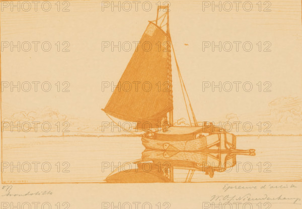 Evening Silence (original title), Peat Barge on a Lake at Calm, print, printmaker: Wijnand Otto Jan Nieuwenkamp (signed by artist), 1903-08, paper, etching, intaglio printmaking technique, etching with plate tone in orange on copper, proof, height 139 mm x width 199 mm, sailing-ship, sailing-boat, A detailed monochrome drawing of a sailboat seen in profile on calm water, with a large triangular sail raised from a tall mast and rigging lines visible, the boat's hull showing planks and rounded forms, a small cabin area and coiled ropes on deck, distant low clouds along the horizon, faint land and shoreline features, and a mostly empty sky above.
