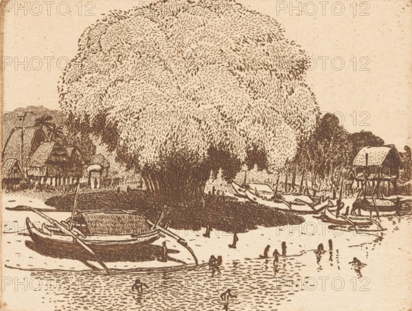 View of Loloan Barat in Bali, The fishing village (original title), print, In the foreground, bathing figures and a boat by the bank of the Loloan River. In the background, bamboo and houses in the town of Loloan Barat., printmaker: Wijnand Otto Jan Nieuwenkamp (signed by artist), 1907-08-27 - 1921, 1914-09, paper, zinc etching, intaglio printmaking technique, etching with plate tone in brown on zinc, height 126 mm x width 190 mm, river, village, Bali, Loloan Barat, A sepia-toned ink drawing showing a waterfront scene with a large, rounded tree occupying the center, its foliage rendered with short, dense strokes. Small boats with curved hulls and simple shelters sit along the water near the shore, some overlapping and tied together. A cluster of stilted huts with thatched roofs lines the left bank behind vegetation, while more huts and trees appear on the right bank. Figures in the water and on the shore are sketched with minimal detail, some standing and some wading. The foreground wa...
