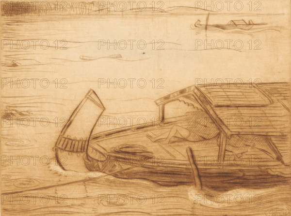 Moored ship in the Kali Mas in Surabaya, The river (original title), print, Two figures are sleeping on the ship., printmaker: Wijnand Otto Jan Nieuwenkamp (signed by artist), 1911-01-28, 1911-01-29, paper, drypoint, intaglio printmaking technique, drypoint and plate tone in brown, height 148 mm x width 198 mm, river, ships (in general), sleeping on the ground, Java, East Java, Surabaya, Kali Mas, A sepia-toned sketch showing a body of water with gentle horizontal ripple lines and circular swirls, a partially visible boat in the foreground with detailed planking, a curved prow and an open hatch, and a small sheltered cabin area with a reclining figure's legs visible beneath it; additional distant boats and a faint shoreline with grasses and low hills appear near the top, all rendered in fine pencil or ink strokes on textured paper.