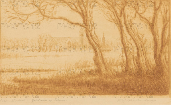 View of Edam (original title), print, Trees by a lake north of Edam. In the background the silhouette of the Grote or Sint-Nicolaaskerk and the Speeltoren., printmaker: Wijnand Otto Jan Nieuwenkamp (signed by artist), 1912-10, 1917-08-02, paper, drypoint, intaglio printmaking technique, drypoint and plate tone in brown, height 140 mm x width 230 mm, lake, prospect of city, town panorama, silhouette of city, trees, Edam, A sepia-toned pencil sketch of a riverside landscape with tall, textured tree trunks in the foreground and delicate, arching branches extending across the top, a grassy riverbank with reeds and crosshatched water at the bottom, a stretch of meadow and clusters of slender trees in the middle ground, and the faint outline of a large building with a steep roof and a distant spire visible through the trees in the background.